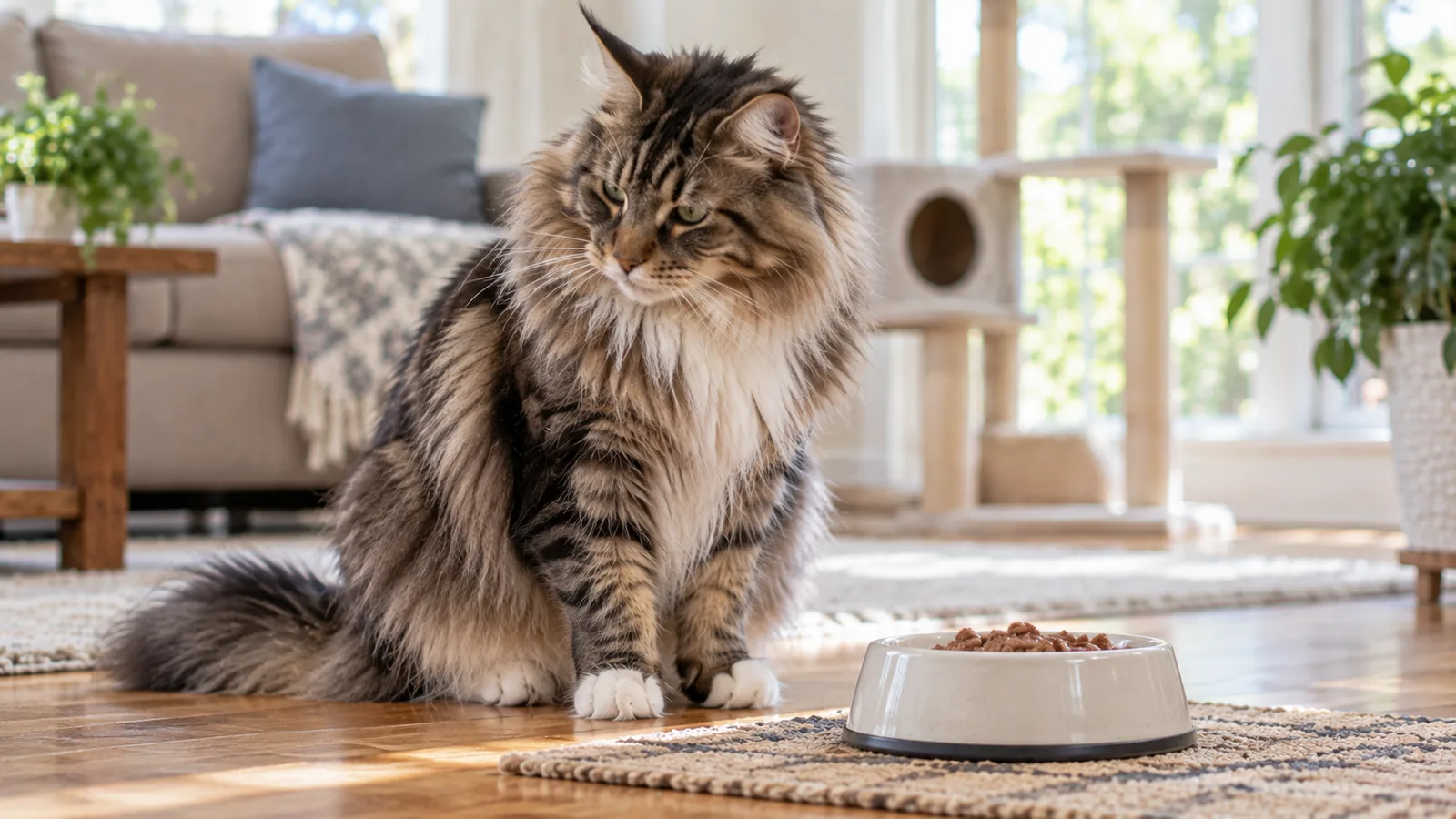 A long-haired tabby cat sitting on a rug beside a full bowl of wet food, turning its head away